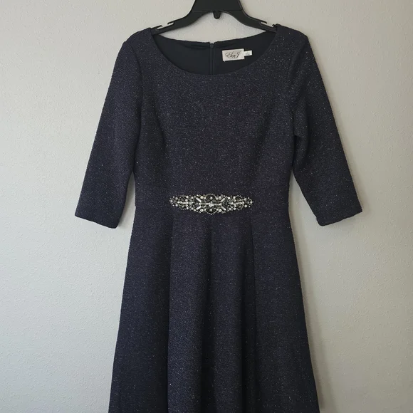 Eliza J Navy Sparkle Stretch Dress Embellished Waist Size 10 - Picture 1 of 15